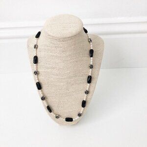 NWT Genuine Pearl, Black Onyx & Metallic Flowers Beads Necklace Black White